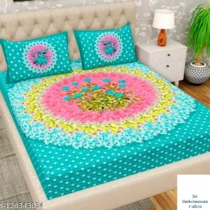 126343034- non elsatic double cot bed spread with 2 pillow cover