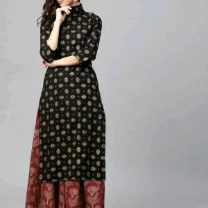 Women ethinic motif printed black rayon kurtha set with skirt