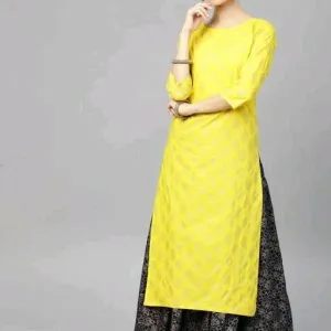 Women ethinic motif printed yellow kurtha set with skirt