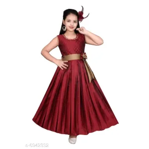 Girls Maroon Satin Frocks & Dresses