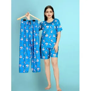 Nightsuits For Women Stylish Blue Polycotton Printed Lounge Top with Shorts And Bottom Set