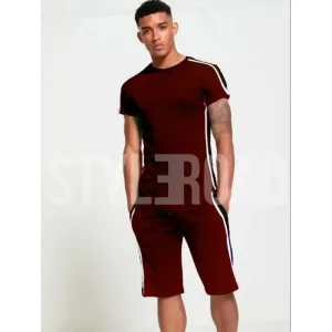 StyleRoad Maroon Solid Polycotton Sports Tees Shorts Set