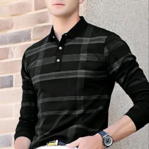 EyeBogler Men's Striped Polo Neck Black Tshirts