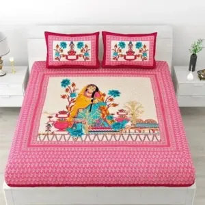 Classic Cotton Dhol Design Cartoon Printed Double Bedheet With 2 Pillow Cover