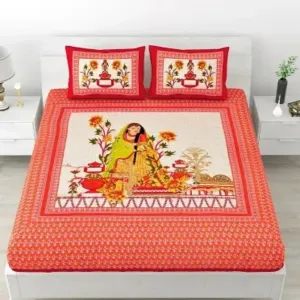 Classic Cotton Dhol Design Cartoon Printed Double Bedheet With 2 Pillow Cover