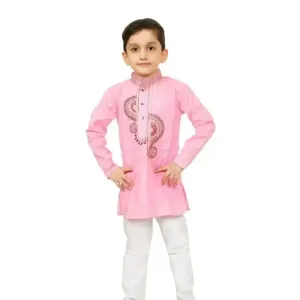 Stylish Pink Cotton Embroidered Kurta with Pyjamas Set For Boys