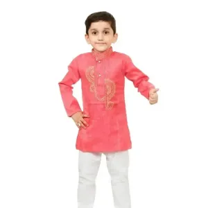 Stylish Pink Khadi Cotton Embroidered Kurta with Pyjamas Set For Boys