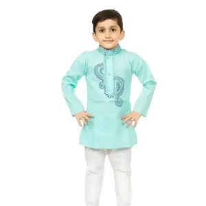 Stylish Turquoise Khadi Cotton Embroidered Kurta with Pyjamas Set For Boys
