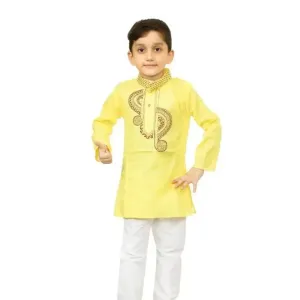 Stylish Yellow Khadi Cotton Embroidered Kurta with Pyjamas Set For Boys