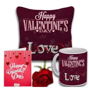 Valentine Day Printed Cushion Coffee Mug Greeting Card and Rose Combo Gift 