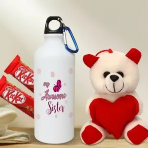 Rakhi Gift for Sister Printed Shipper bottle with Cute little Teddy, 2 Chocolate