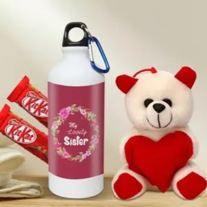 Rakhi Gift for Sister Printed Shipper bottle with Cute little Teddy, 2 Chocolate