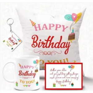 Happy Birthday Combo Set of 4 (1 Mug + 1 Key Chain + 1 Cushion + 1 card)