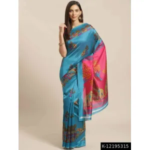 Printed Silk Saree with Blouse - Blue