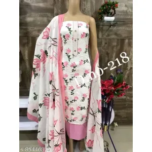 Women's White Floral Printed Soft Cotton Suits & Dress Materials