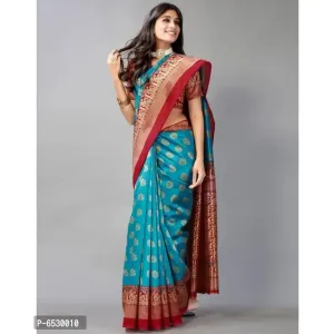 Stylish Mysore Silk Turquoise Printed Saree With Blouse Piece For Women
