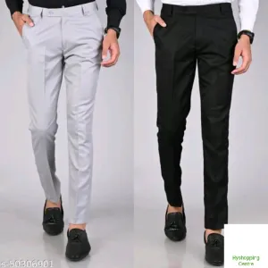 MANCREW Men's Slim Fit Formal Trousers - Dark Grey, Black Combo