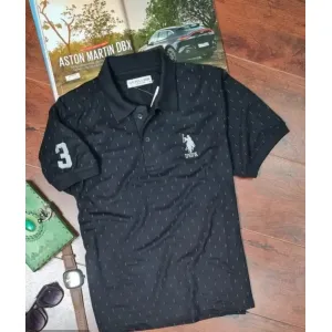 Elegant Black Cotton Blend Printed Polo T-Shirt 