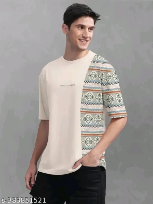 BULLMER Beige Front and Back Printed / Colourblock Baggy / Oversized Tshirt for Men