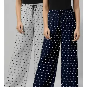 Women’s Grey & Navy Blue Printed Cotton Pyjama Set (Pack of 2)