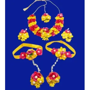 Bridal Artificial Flower Jewellery Set – Yellow & Pink (For Haldi, Mehendi, Baby Shower)