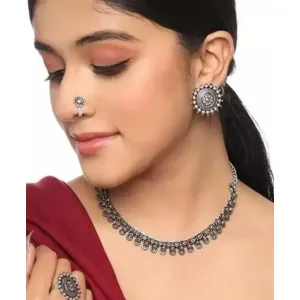 Elegant Oxidised Silver Necklace Set with Earrings, Ring & Nosepin – By Jewellery Junction