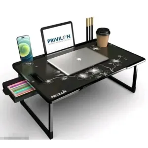 Foldable Wooden Mini Laptop Table – with Drawer & Mobile/Tablet Holder (Black)