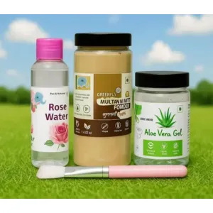Product Name: 100% Natural Mitti Powder (250g) with Rose Water (120ml), Aloe Vera Gel & Br