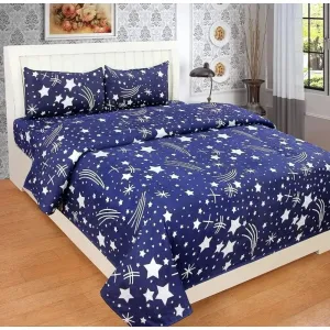 Blue Star Printed Polycotton  Double Bedsheet with Two Pillow Covers