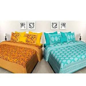BedZone 100% Cotton Rajasthani Printed King Size bedsheets Combo Double Bed Set 2 Double Bedsheet with 4 Pillow Cover - JaipuriFloral13