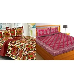 BedZone 100% Cotton Rajasthani Printed King Size bedsheets Combo Double Bed Set 2 Double Bedsheet with 4 Pillow Cover - JaipuriFloral13