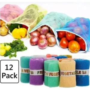 Set of 12 Reusable Double-Layer Mesh Refrigerator Bags for Storing Fruits, Vegetables & Ac