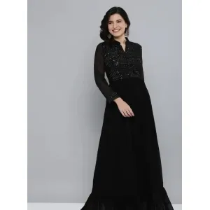 Trendy Flared Black Embroidered Georgette Gown For Women