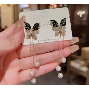 Korean Black Butterfly Tassel Pearl Earrings