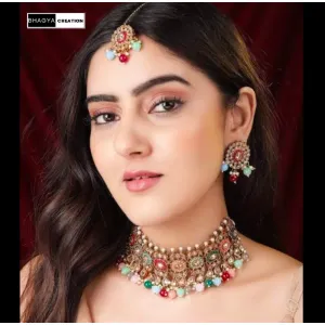 Bhagya's 24k gold plated handcrafted multifunction jewellery with white and red stone