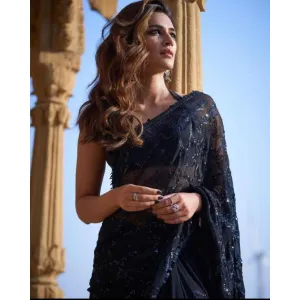 *_NEW DESIGNER PARTY LOOK WEAR BY KRITI SANON BLACK FAUX GEORGETTE WITH TONE TO TONE SEQUA