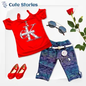 CuteStories Girls Capri Top, Half Sleeves Top and Jeans Set in Red-Black Color