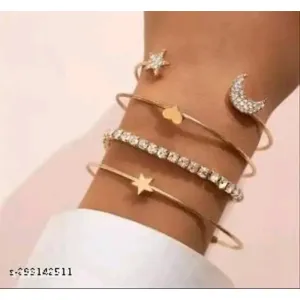 Galaxy Scintillating American Diamond Star & Moon Design Gold Plated Bracelet - Pack Of 4