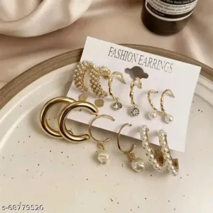 Vembley Combo Of  9 Pair Stunning Gold Plated Pearl Hoop , Drop, Tiny and Studs Earrings f