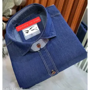 Denim dark blue plain single pocket full sleeves men shirt