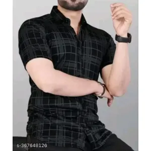 STI Men's Checked Regular Spread Collar Black Shirts