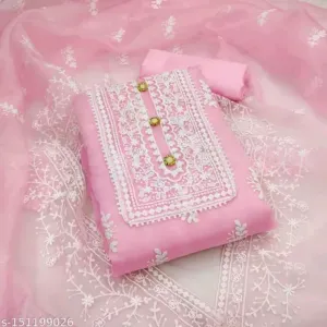 Women's Pink Botanical Embroidered Organza Suits & Dress Material