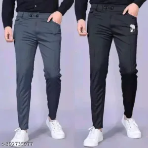 Pack of 2 Men Regular Fit Dark Grey Black Lycra Blend Trousers