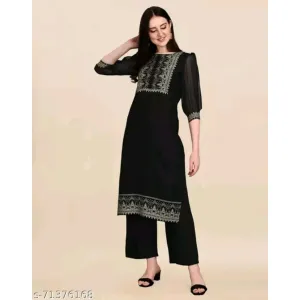 Rayon /Georgette Foil Print Black Kurti
