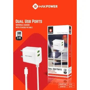 Make Power | Dual USB Port Univarsal Charger With Attached V8 Cable 2.4A | MK CH-01