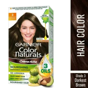 Garnier Color Naturals Creme Riche Ammonia Free Hair Color, Darkest Brown (3) (70 ml + 60 