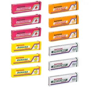 Batook Chewing Gum Variety Pack 3, Banana, 3 Strawberry, 3 Mint, 3 Orange, Each Strip Contain 12.5g Pack Of 12 (Imported)