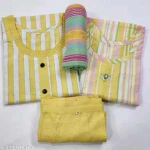 Multi+lining frill cotton Kurti Set