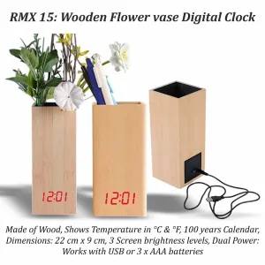 Wooden Flower Vase with Digital Clock

