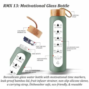 Borosilicate glass water bottle with motivational time markers